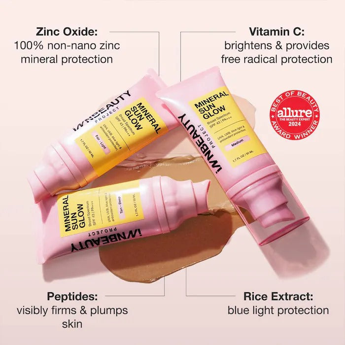 iNNBEAUTY PROJECT Mineral Sun Glow Broad Spectrum Sunscreen SPF 43 PA +++ with Peptides and Vitamin C