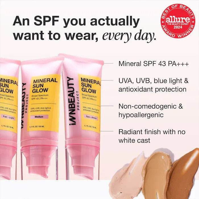 iNNBEAUTY PROJECT Mineral Sun Glow Broad Spectrum Sunscreen SPF 43 PA +++ with Peptides and Vitamin C